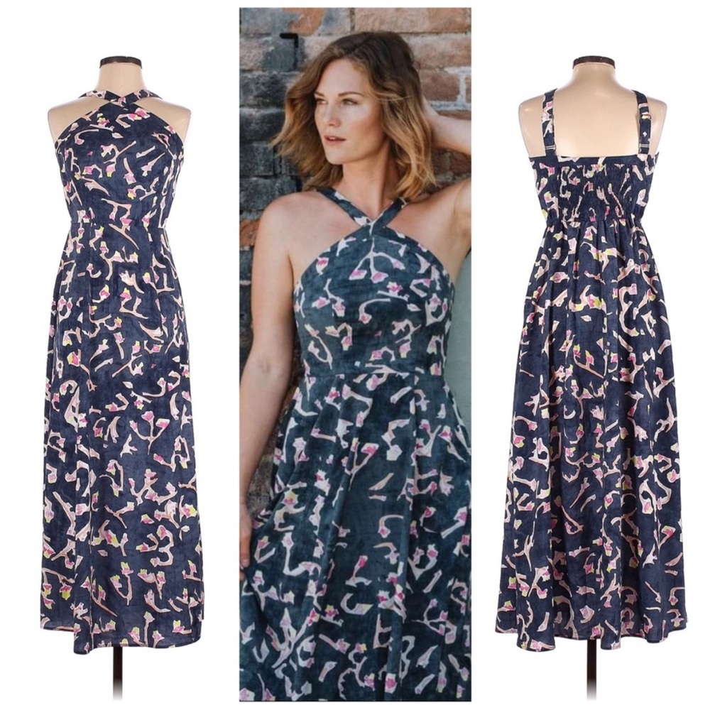 CABI Aurora dress navy pink maxi halter